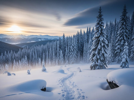 Footprints mark a path through a snow-covered forest with tall pine trees, leading towards distant sunlit mountains under a cloudy sky.の素材