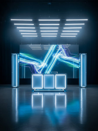A futuristic DJ booth illuminated by glowing blue lights, featuring a large screen displaying abstract light patterns in a modern, sleek setting.の素材