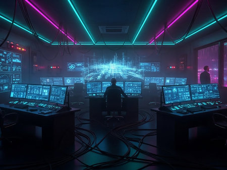 A futuristic control room with multiple computer monitors displaying data, illuminated by vibrant pink and blue neon lights and tangled cables.の素材