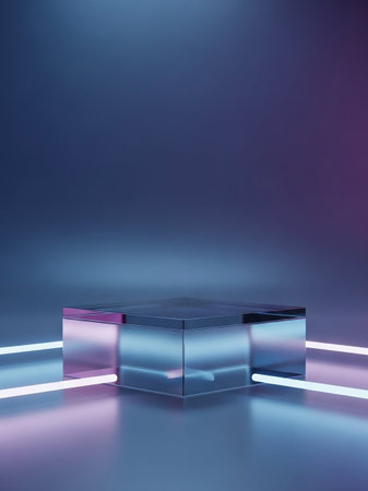 A transparent glass cube pedestal is lit by horizontal neon lights against a dark blue and purple gradient background, creating a futuristic display.の素材