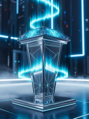 A futuristic metallic pedestal is illuminated by a glowing blue aurora effect and surrounded by geometric patterns, set against a blurred background.の素材