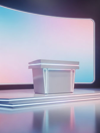 A futuristic podium with neon trim stands on a reflective stage in front of a large, curved screen displaying a soft gradient of blue and pink.の素材