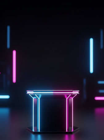 A futuristic hexagonal display pedestal with sharp neon blue and pink edge lighting stands on a dark surface against a black background with scattered neon light elements.の素材