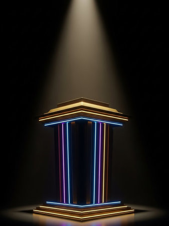 A futuristic podium with a golden top and base features vertical neon light accents in blue, purple, and pink against a dark background.の素材