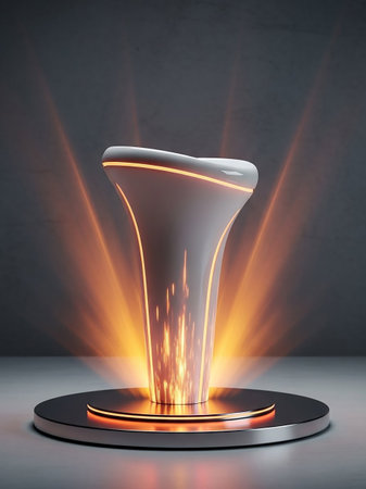 A sleek, futuristic white object with glowing orange trim sits on a dark pedestal, illuminated by dramatic orange light rays emanating from behind it.の素材