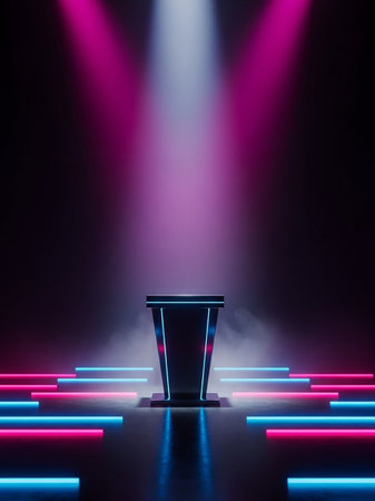 A futuristic podium stands on a stage illuminated by vibrant pink and blue neon lights with swirling smoke effects and a bright spotlight from above.の素材