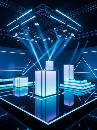 A futuristic stage set with glowing blue neon lights and geometric illuminated platforms, creating a vibrant and modern entertainment atmosphere.の素材