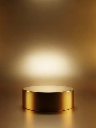 A gleaming golden cylindrical podium sits on a reflective surface, illuminated by a soft, bright spotlight from above.の素材
