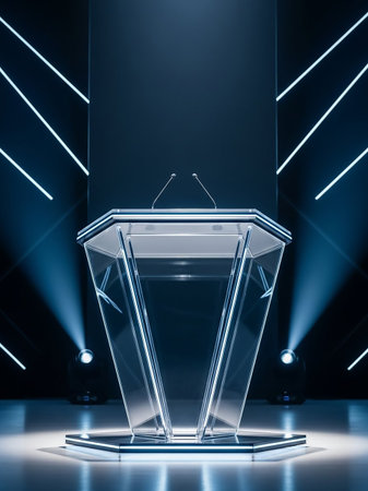 A futuristic transparent octagonal podium with microphones stands on a stage, illuminated by dramatic blue spotlights and linear lighting.の素材