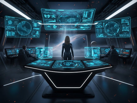 A futuristic spaceship bridge with holographic displays showing complex data, a lone figure standing at the helm, and crew members at consoles, overlooking a vast space vista.の素材