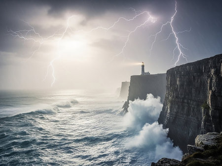 A lighthouse stands on a rugged cliff overlooking a stormy sea with crashing waves, illuminated by dramatic lightning strikes in the dark, cloudy sky.の素材
