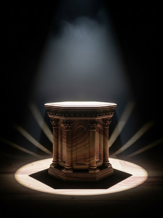 A hexagonal stone pedestal with carved classical columns is dramatically lit by a spotlight, casting rays and shadows on a dark, smoky background.の素材