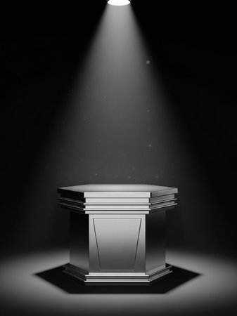 A hexagonal silver podium is illuminated by a single, dramatic spotlight in a dark, empty studio setting.の素材