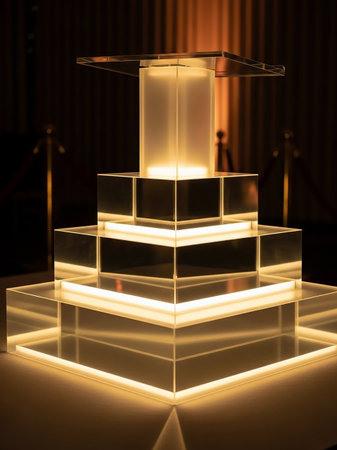 A multi-tiered display stand made of illuminated acrylic, featuring soft warm lighting and a modern, elegant design suitable for presentations.の素材