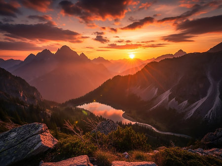 A breathtaking mountain landscape at sunset, with a calm lake reflecting the vibrant orange and red sky and dramatic clouds.の素材