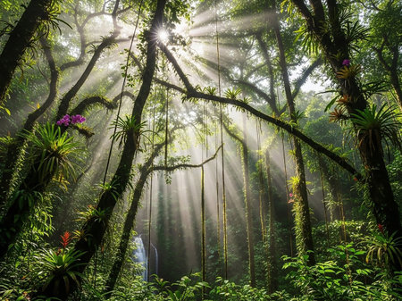 Sunbeams stream through a humid tropical rainforest, highlighting lush foliage, hanging vines, vibrant orchids, and a distant waterfall.の素材