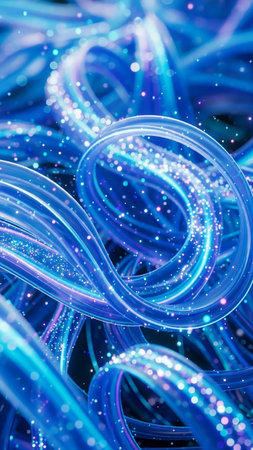 Close-up of glowing blue fiber optic cables intertwined with sparkling particles and soft bokeh lights creating an abstract, energetic background.の素材