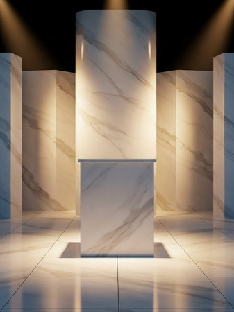 An empty elegant studio space featuring a central marble pedestal and surrounding marble pillars illuminated by spotlights from above.の素材