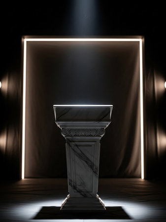 A marble pedestal is dramatically lit by a spotlight, framed by a neon light square against dark curtains.の素材