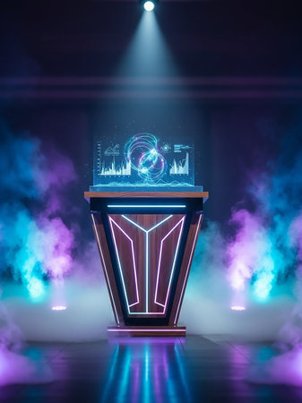 A futuristic podium stands center stage under a spotlight, featuring a holographic display of data charts and a swirling digital sphere, surrounded by dramatic blue and purple smoke.の素材
