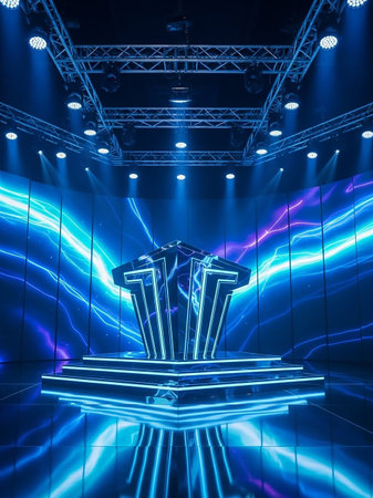 A futuristic stage features a geometric podium illuminated by electric blue neon lights, set against a dynamic background of glowing blue and purple energy waves.の素材