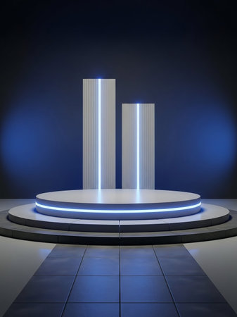 A futuristic stage with a circular platform and two tall, rectangular pillars, all illuminated by bright blue neon lighting against a dark background.の素材