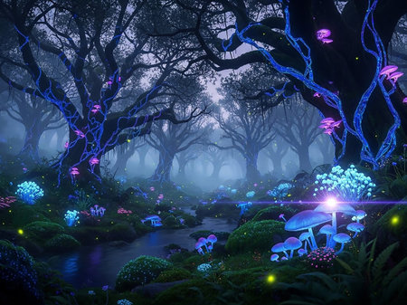 A mystical, enchanted forest at night, filled with glowing blue and pink mushrooms, luminous moss, and trees adorned with ethereal lights.の素材