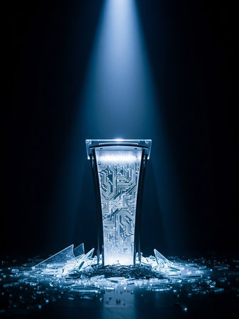 A futuristic podium with an illuminated circuit board design stands amidst shattered glass, illuminated by a dramatic blue spotlight.の素材