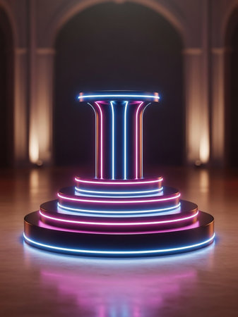 A multi-tiered circular stage illuminated by vibrant pink and blue neon lights, set against a dark background with architectural arches.の素材