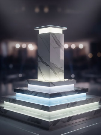 A multi-tiered marble pedestal with integrated white and blue lighting is showcased against a softly blurred dark background with bokeh lights.の素材