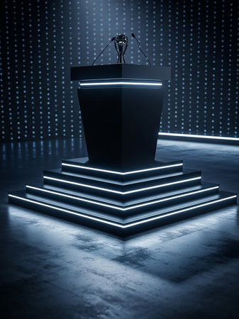 A dark, futuristic podium stands on a multi-tiered platform, illuminated by neon lights and spotlights, with a trophy and microphones at the top, against a digital dot background.の素材