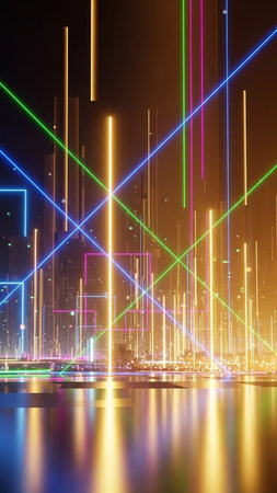 A futuristic cityscape illuminated by a vibrant neon grid of glowing lines in pink, green, and blue, reflecting on a wet surface at night.の素材