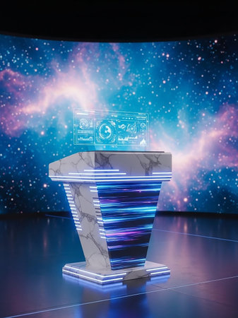 A modern, marble podium features a glowing holographic display of data and charts against a vibrant blue and purple nebula background.の素材