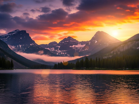 A breathtaking mountain landscape at sunset with a calm lake reflecting the vibrant orange and pink sky and dramatic clouds.の素材