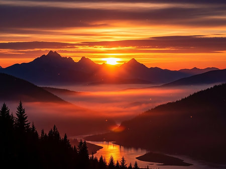 A breathtaking sunset over a mountain range, with fiery orange and yellow hues illuminating the sky, casting a warm glow over foggy valleys and a reflective river.の素材