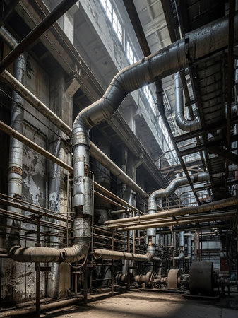 Interior of a large, abandoned industrial factory with extensive metal piping, visible decay, and shafts of sunlight illuminating the dusty space.の素材