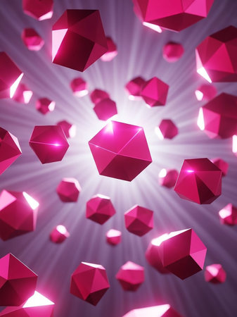 An abstract 3D rendering depicts numerous pink geometric polyhedra floating and glowing within a radiant purple light burst.の素材