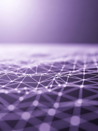 An abstract digital network of interconnected nodes and lines forms a geometric pattern with a soft purple gradient background and a blurred foreground.の素材