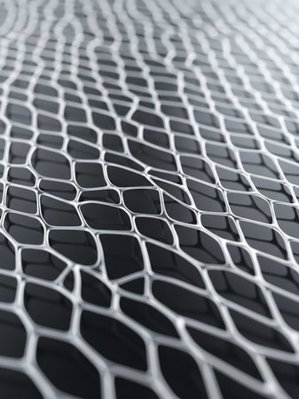 An abstract close-up of a metallic mesh with a woven texture, displaying interconnected hexagonal and organic cell-like patterns.の素材
