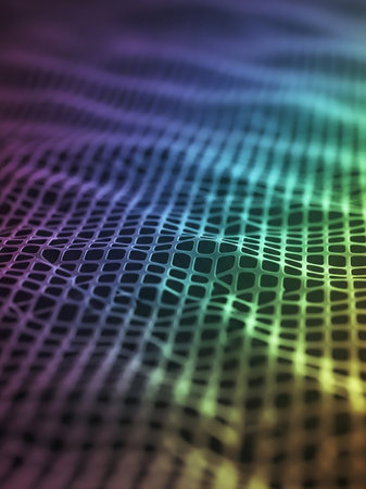 An abstract digital network grid with a vibrant rainbow color gradient, creating a sense of depth and interconnectedness with soft light effects.の素材