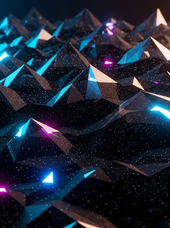 A dark, low-poly geometric landscape with sharp peaks illuminated by vibrant blue and pink neon lights, set against a starry background.の素材