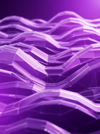 An abstract 3D rendering of a purple geometric landscape with undulating polygonal waves and a visible wireframe structure.の素材