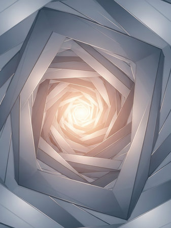 An abstract geometric tunnel with a spiraling pattern leading to a bright, warm light source at its center, creating a sense of depth and perspective.の素材