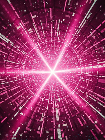 An abstract digital tunnel in vibrant pink with glowing light rays emanating from the center, surrounded by geometric patterns and particles.の素材