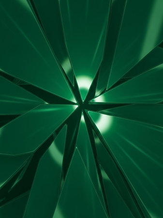 An abstract, geometric pattern in vibrant green radiates from a glowing central light source, creating a dynamic and complex visual.の素材