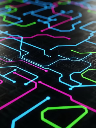 An abstract close-up of a circuit board with glowing neon lines in blue, pink, and green against a dark background, representing technology and connectivity.の素材