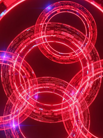 A close-up of several glowing red abstract digital rings with intricate geometric patterns and light effects against a dark background.の素材