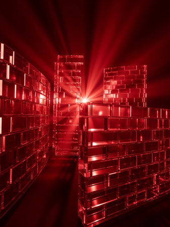 Abstract red glass brick walls are dramatically illuminated by a bright, central light source, casting intense rays and creating a vibrant glow.の素材
