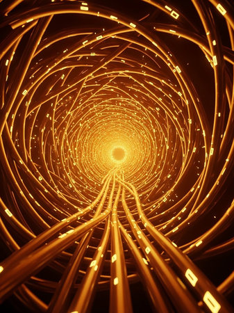 An abstract orange tunnel formed by swirling cables and wires, with glowing binary code elements, leading to a bright light at the end, symbolizing data transmission.の素材
