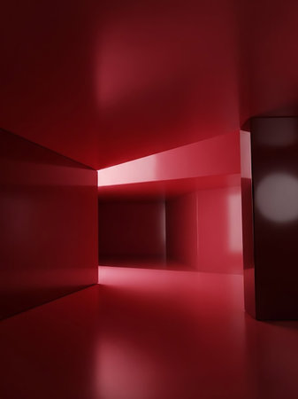 An abstract interior space rendered in deep red tones, featuring sharp geometric planes and dramatic interplay of light and shadow, creating a sense of depth.の素材